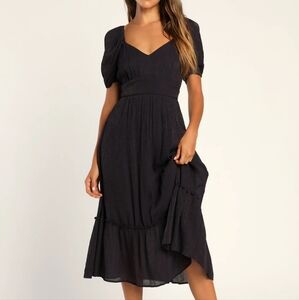 Lulus Simply A Sensation Navy Blue Puff Sleeve Midi Dress